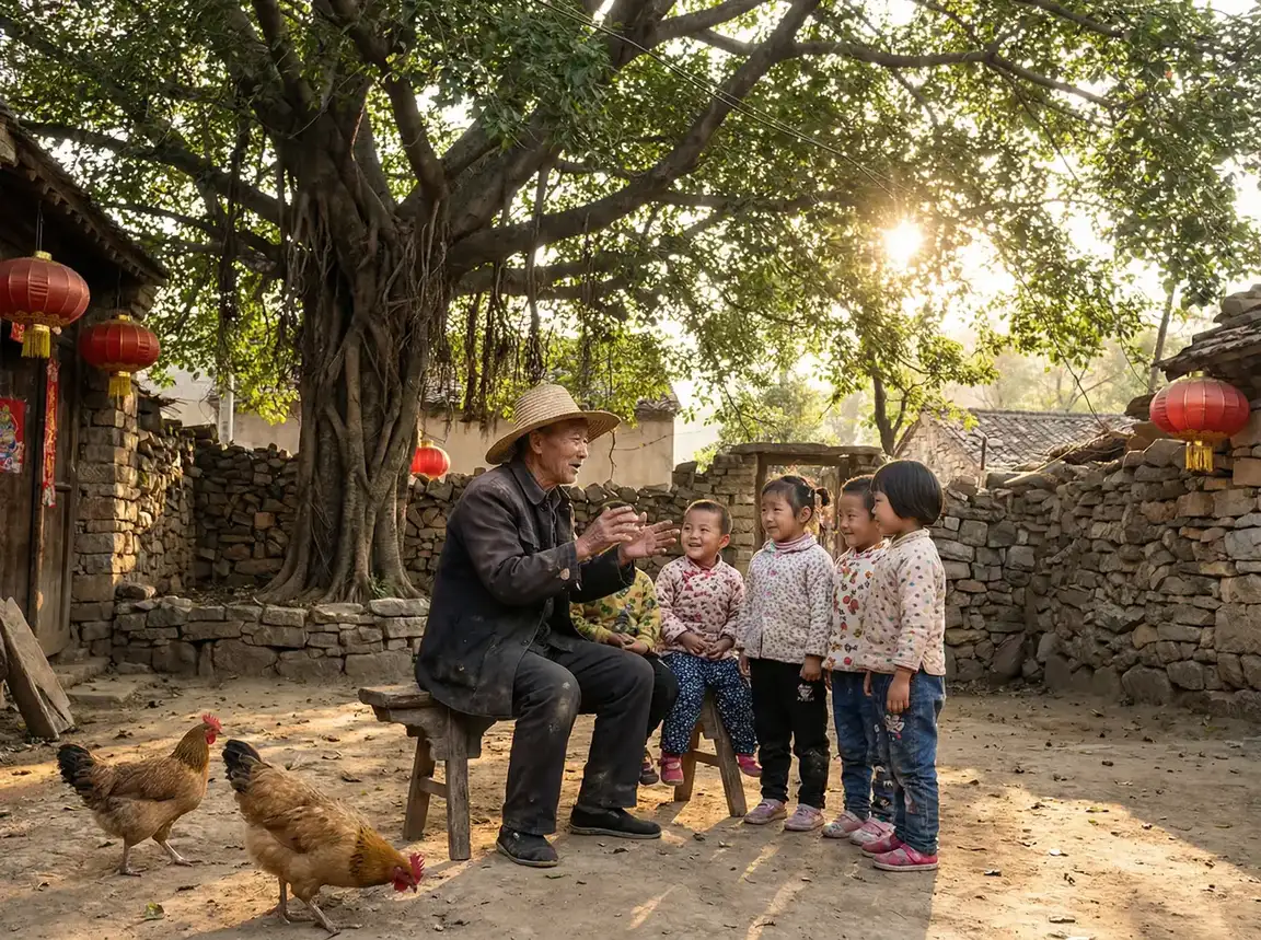 老人在大榕树下给孩子们讲故事 - 粉色视频入口 乡村记忆